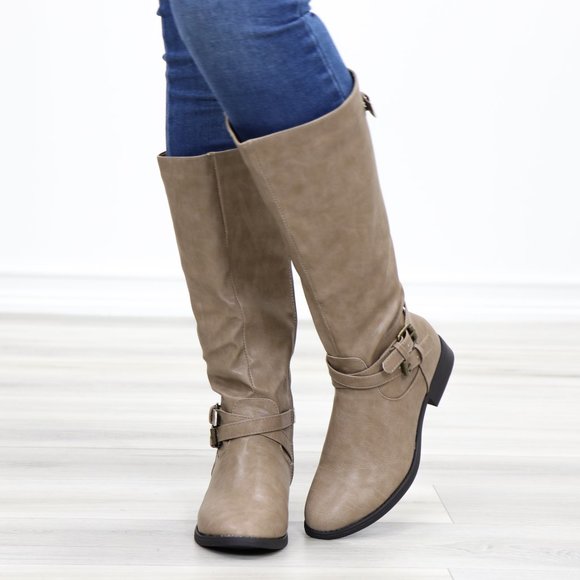 Taupe Rider Chick Mid Calf Boots With Buckles - Picture 10 of 11